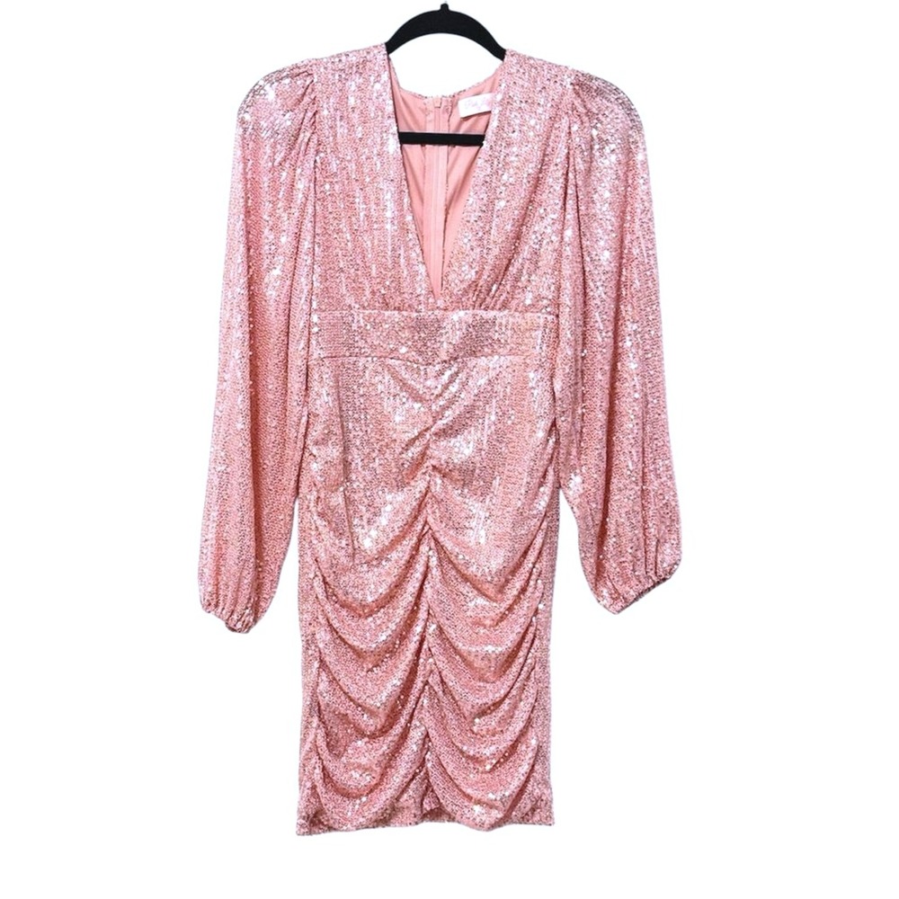 Pink Lily Holiday Vibes Sequin Ruched V‎ Neck Long Sleeve Mini Dress Size S